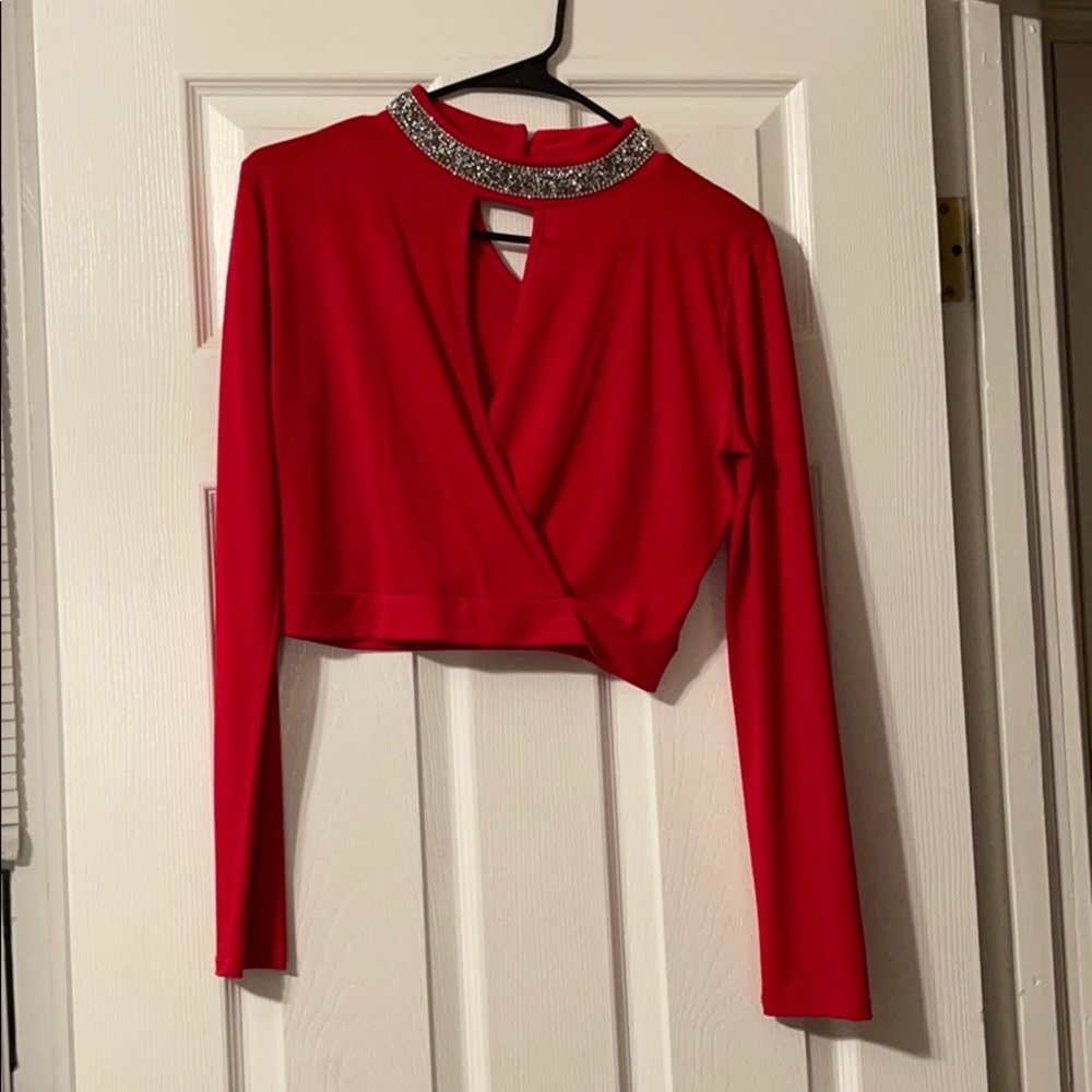 A3 Design Red Surplice crop top W Neck Rhinestones